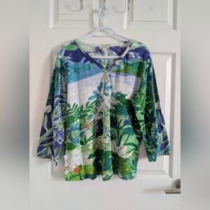 Orientique 100% Organic Cotton Green Blue Tropical Print Long Sleeve Top - L